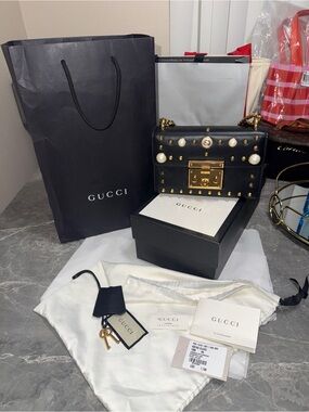SOLD! Authentic Black Gucci Pearl Accents / Gold Chain Padlock  Shoulder Bag